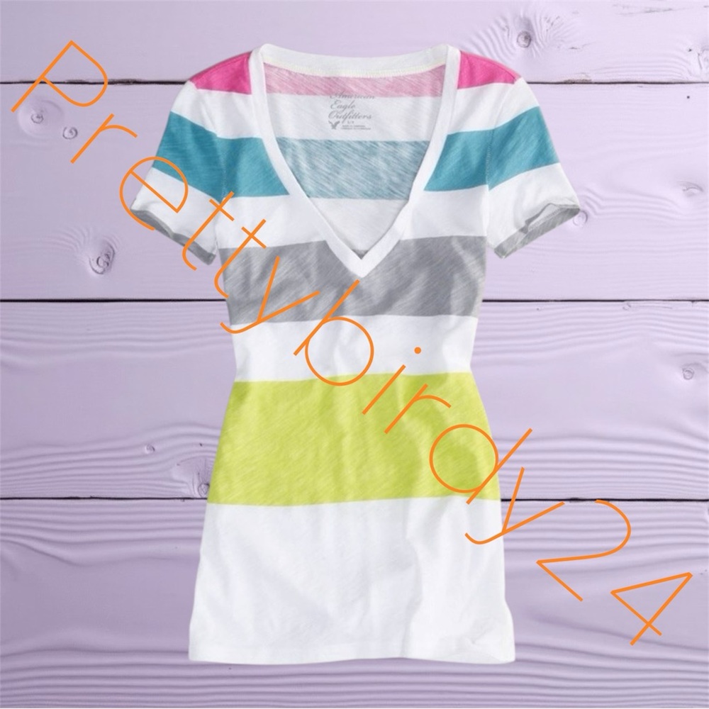 Y2k Aeo White Multi-Stripe Tee Shirt